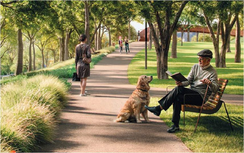 Calçada arborizada do Parque Una com pessoas caminhando e um senhor lendo em um banco — imagem ilustrativa