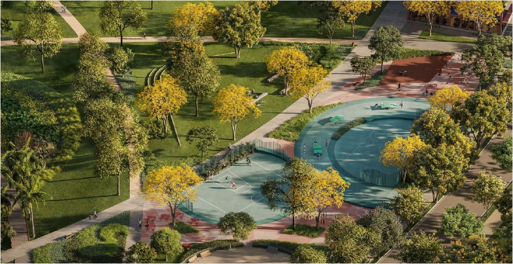 Espaço pet e quadras esportivas do Parque Una entre árvores e pessoas — imagem ilustrativa