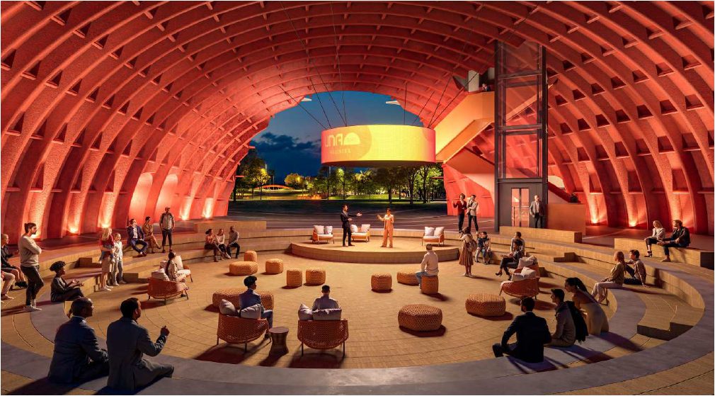 Espaço cultural da Casa Una com plateia reunida sob a arquitetura em arcos — imagem ilustrativa