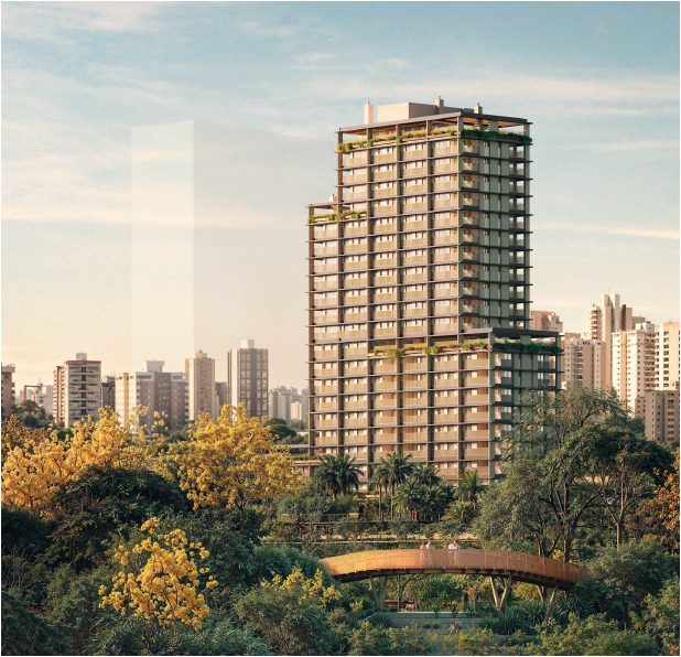 Residencial Riza visto do Parque Central do Parque Una, entre a vegetação e a cidade — imagem ilustrativa